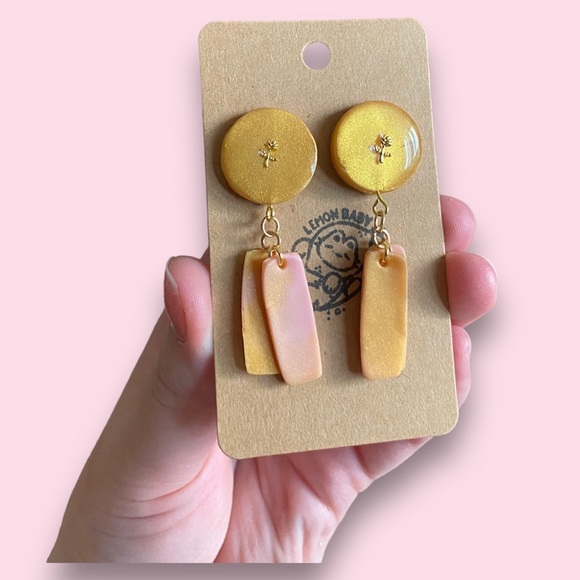 Handmade Pink and Gold Rose Themed Stud Style Dangle Earrings - Picture 3 of 3